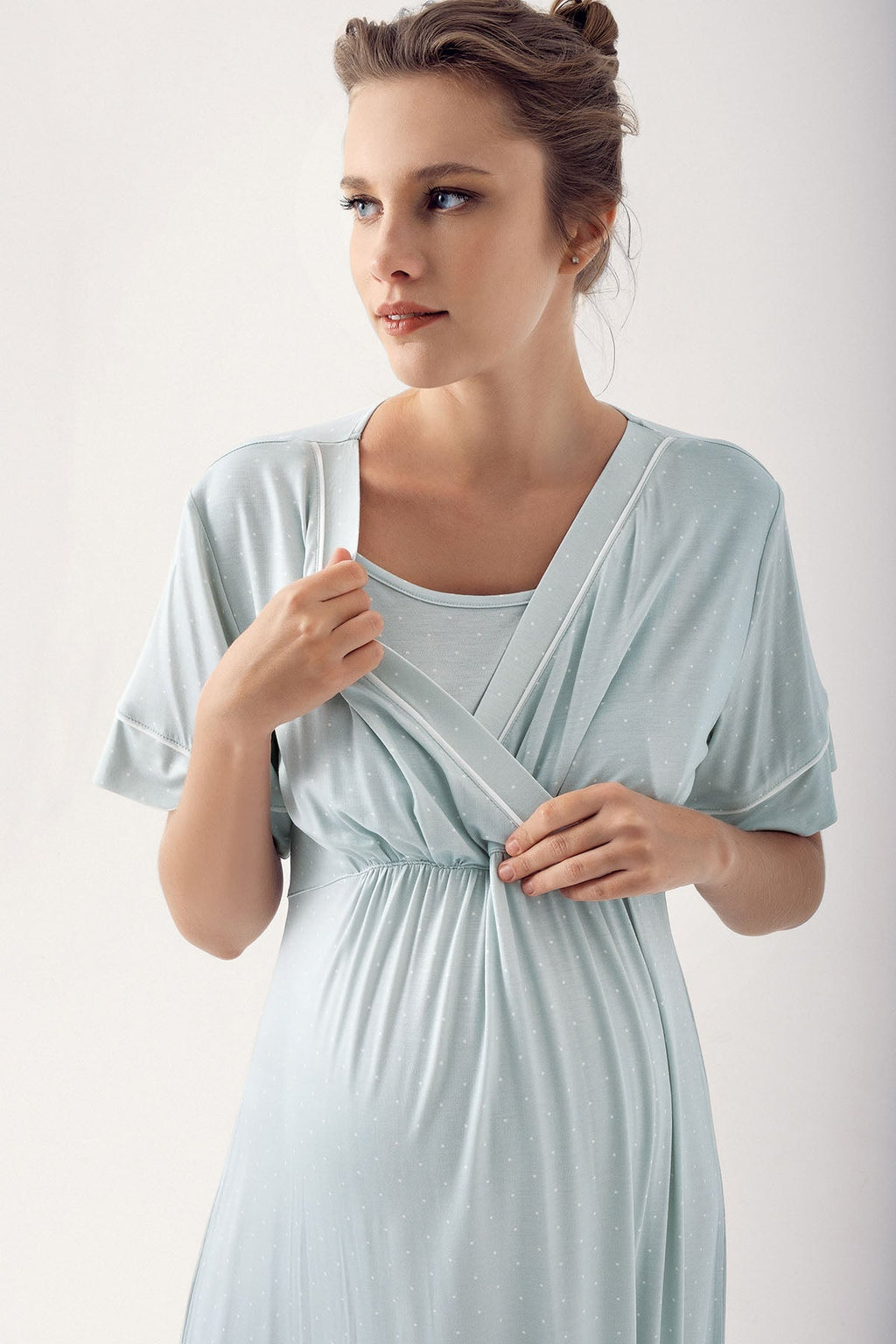 Polka Dot Double Breasted Maternity Feeding-Feeding Nightgown Green - 14120
