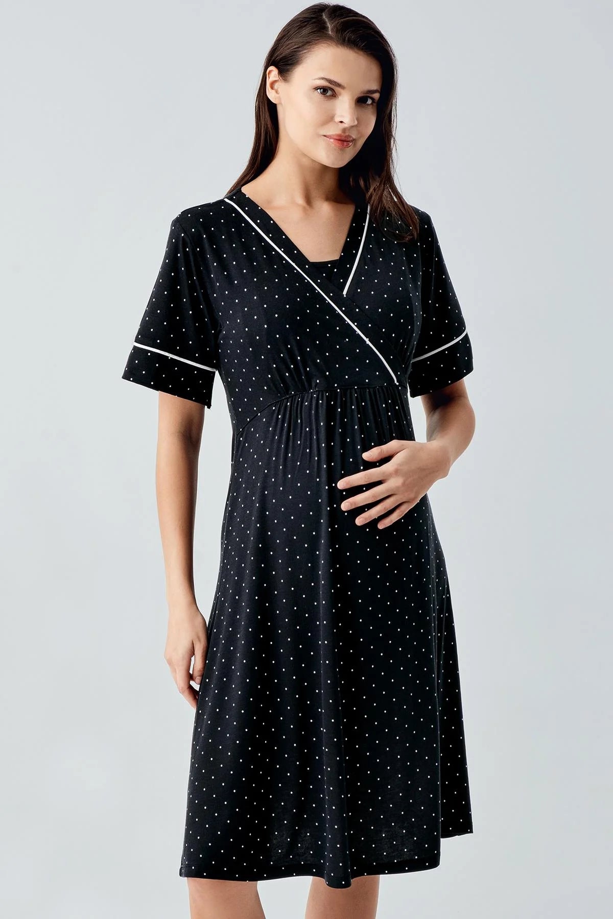 Polka Dot Double Breasted Maternity Feeding-Friendly Nightgown Black - S14120