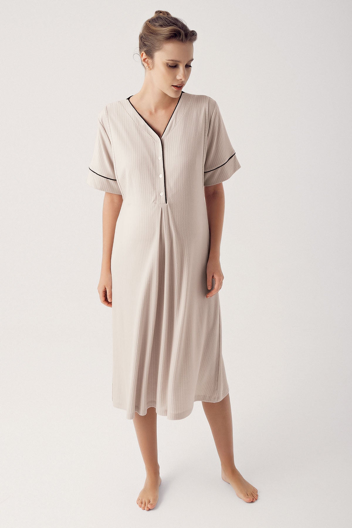 Double Breastfeeding Maternity Feeding-Friendly Nightgown Beige - S14128