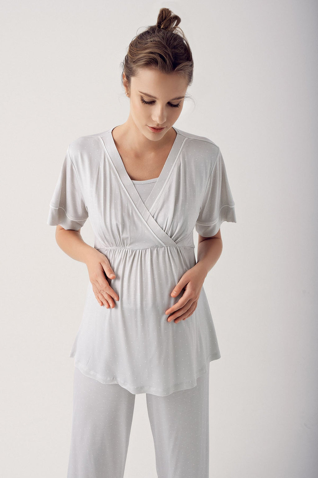 Polka Dot Double Breasted Maternity Feeding-Friendly Pajama Set Grey - S14206