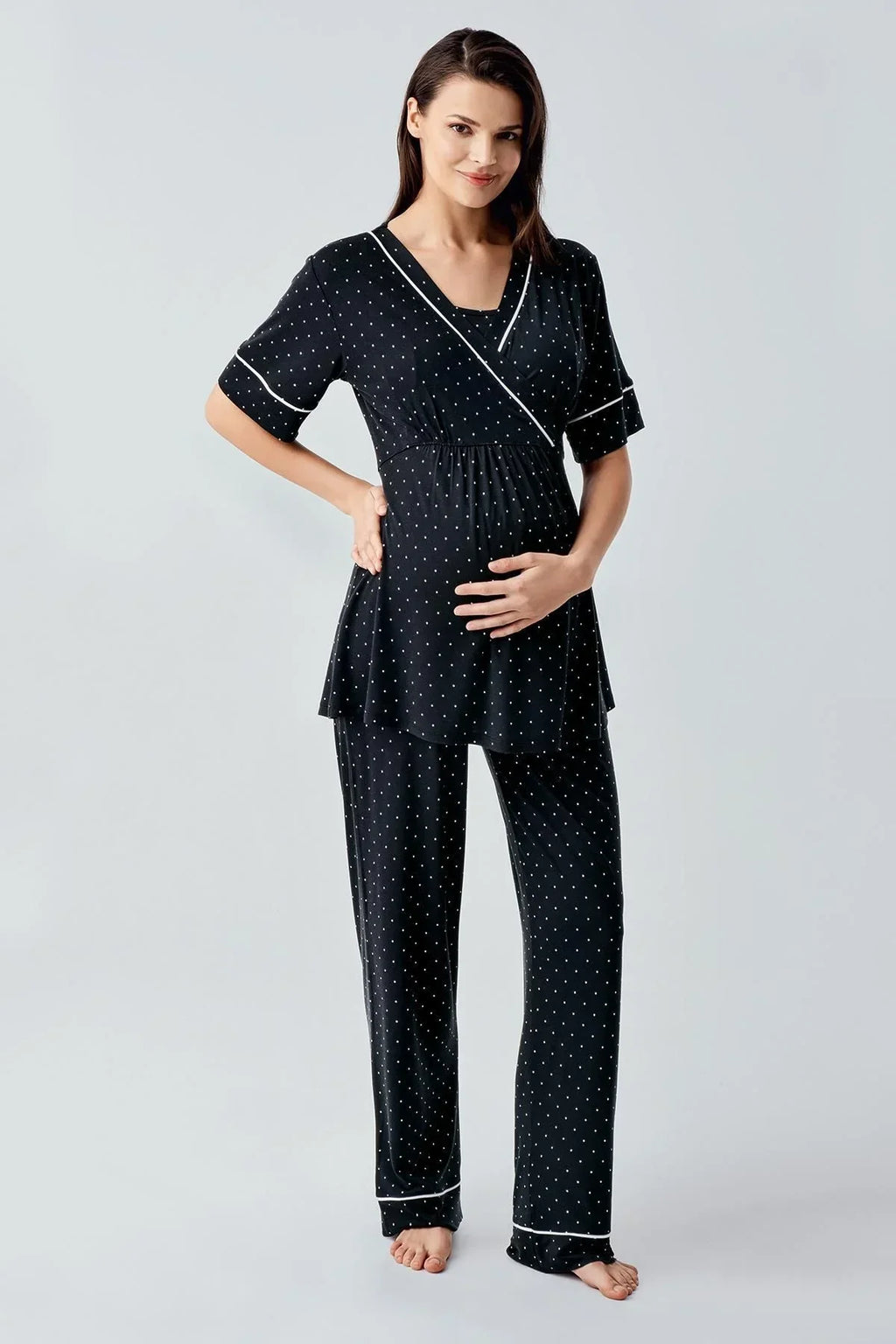 Polka Dot Double Breasted Maternity Feeding-Friendly Pajama Set Black - S14206