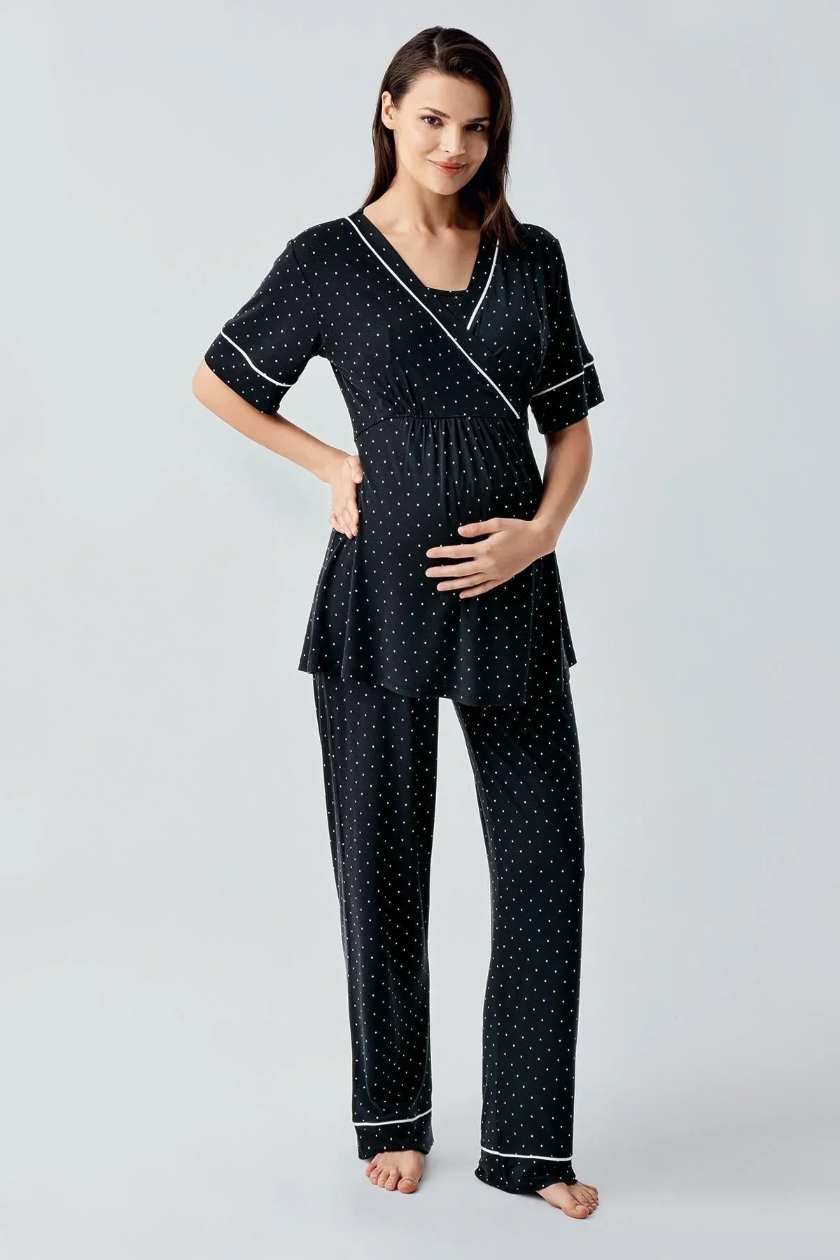 Polka Dot Double Breasted Maternity Feeding-Friendly Pajama Set Black - S14206