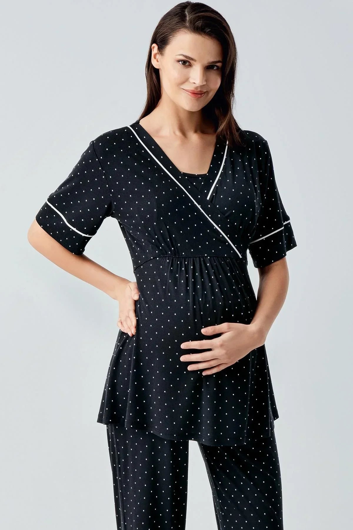 Polka Dot Double Breasted Maternity Feeding-Friendly Pajama Set Black - S14206