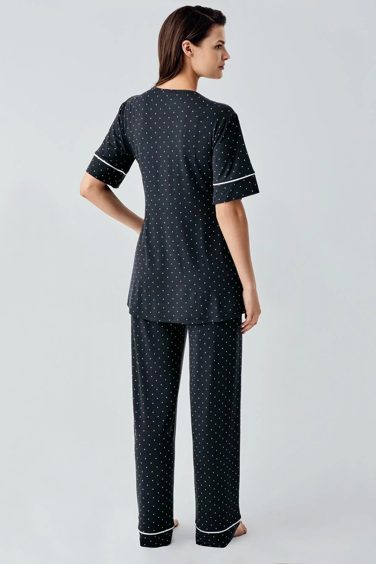 Polka Dot Double Breasted Maternity Feeding-Friendly Pajama Set Black - S14206
