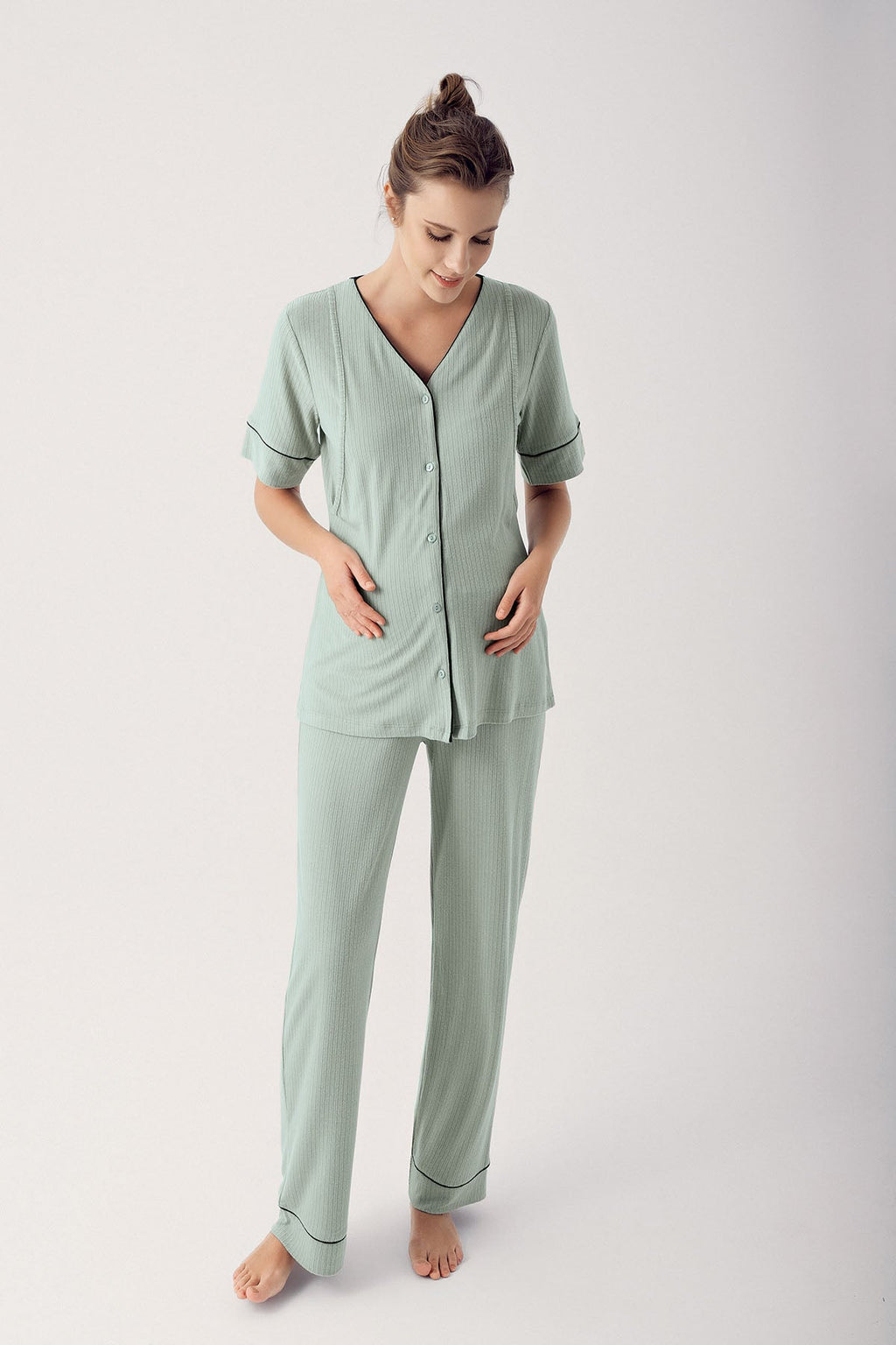Double Breastfeeding Maternity Feeding-Friendly Pajama Set Green - S14209