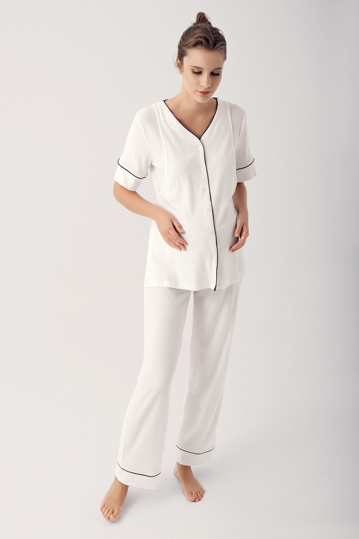 Double Breastfeeding Maternity Feeding-Friendly Pajama Set Ecru - S14209