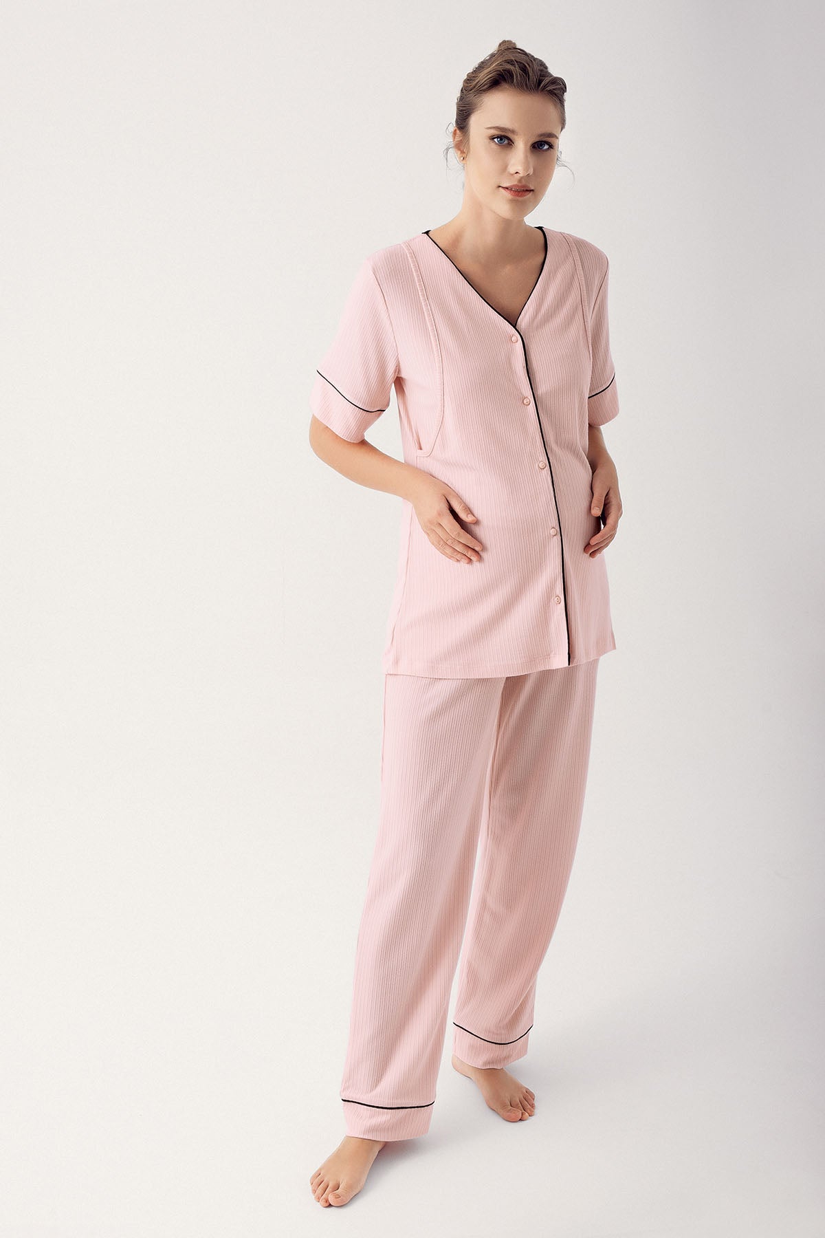 Double Breastfeeding 3-Piece Maternity Feeding-Friendly Pajama & Robe Set Pink - S14306