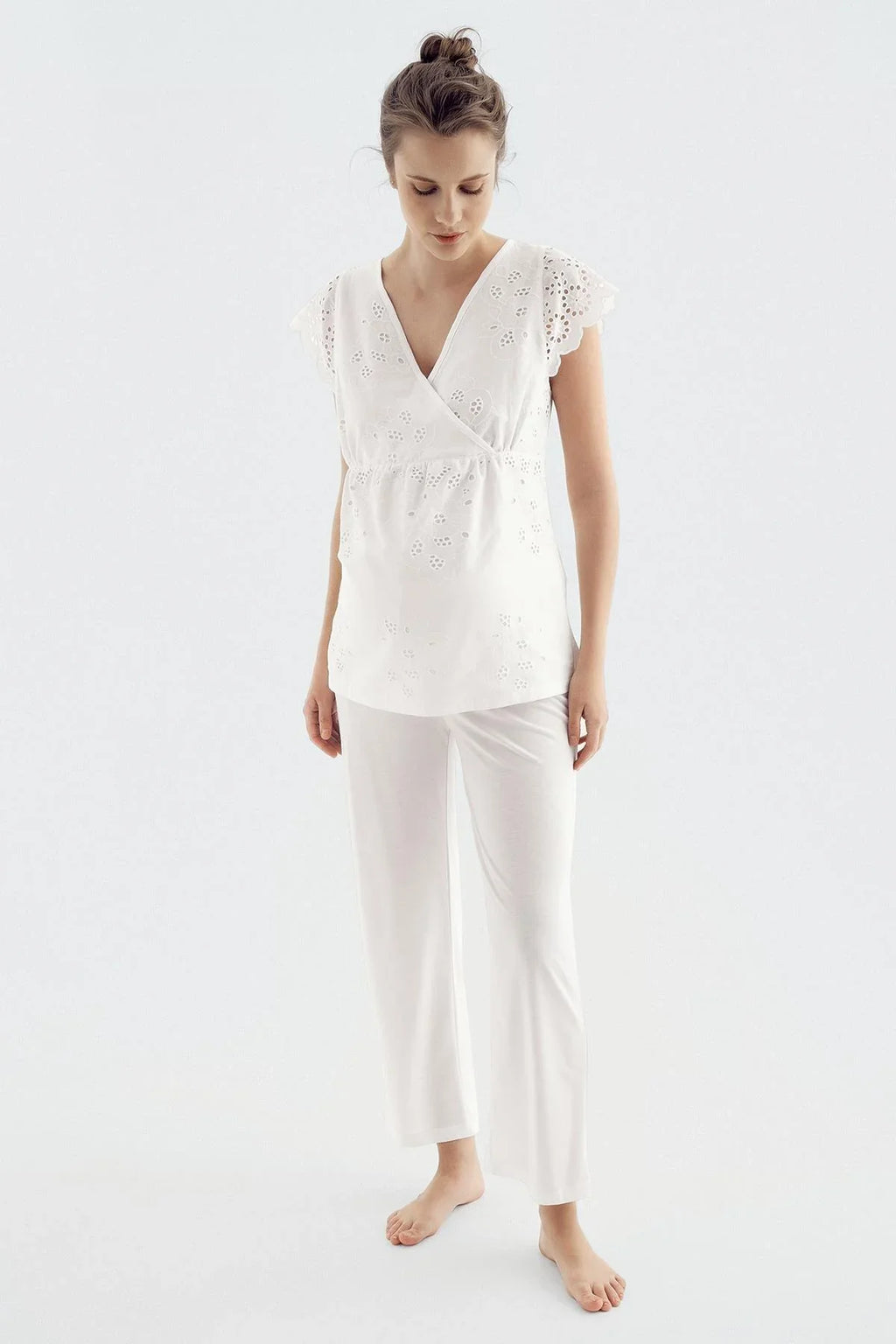 Embroidered Wrap 3-Piece Maternity Feeding-Friendly Pajama & Woven Robe Set Ecru - S14313