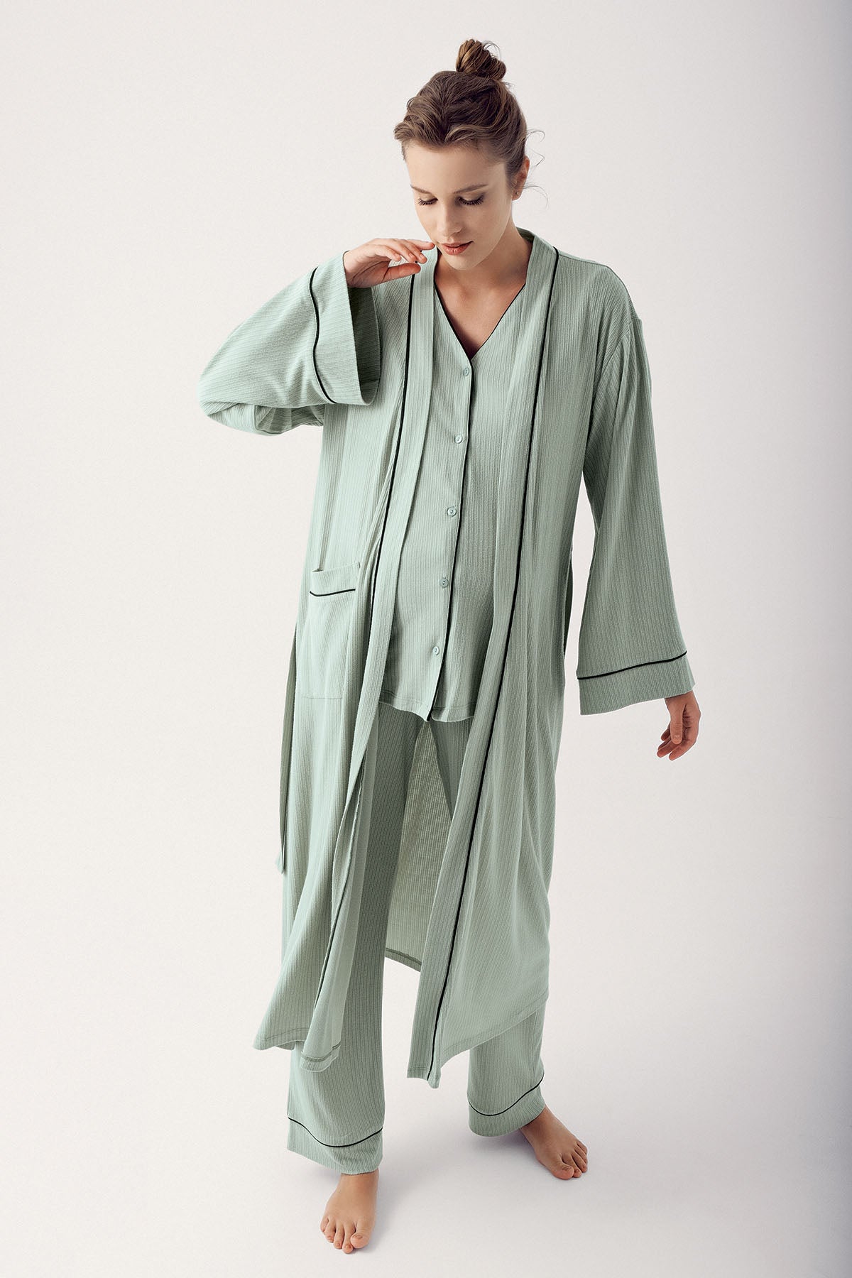 Double Breastfeeding 3-Piece Maternity Feeding-Friendly Pajama & Robe Set Green - S14306