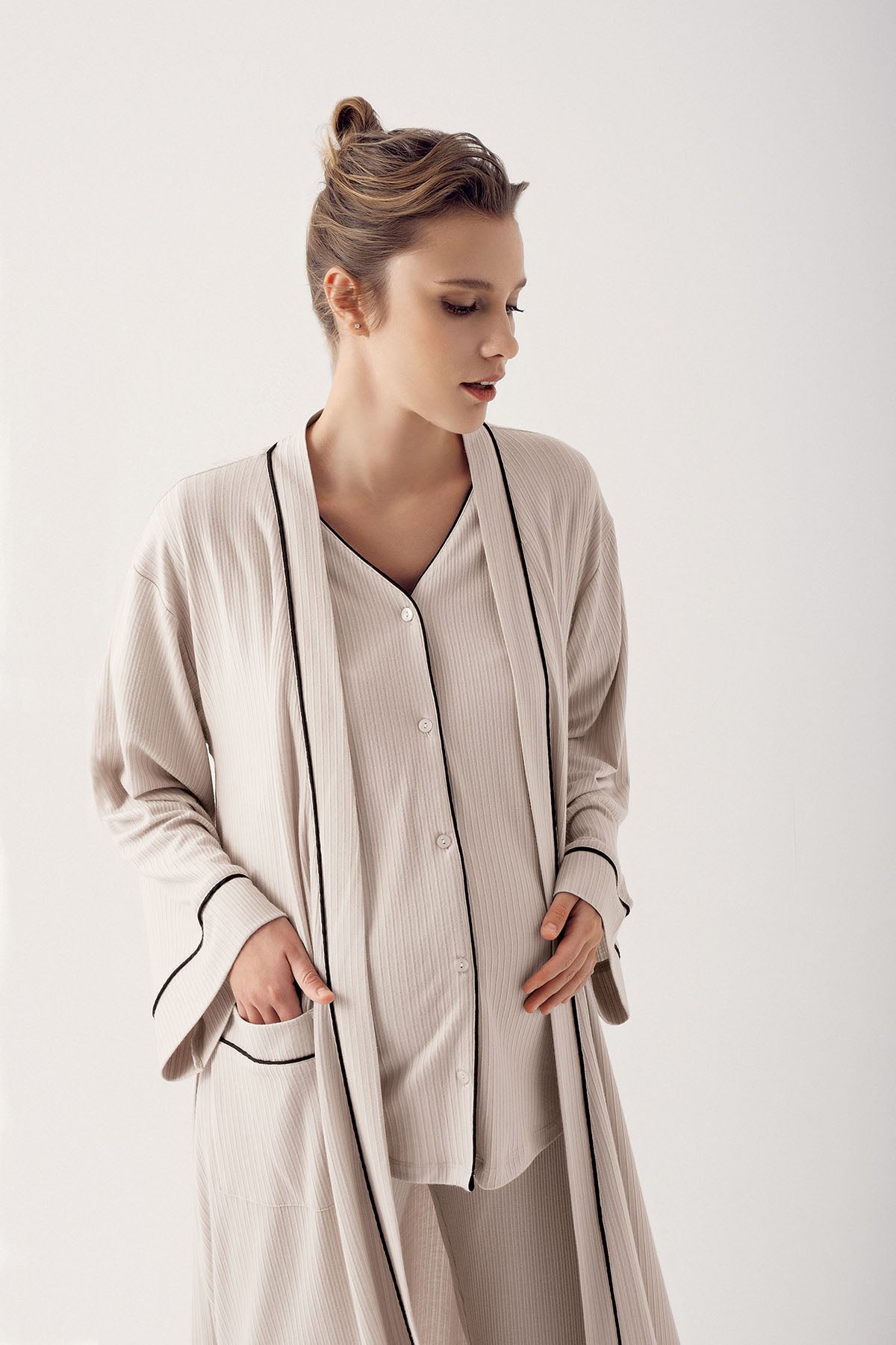 Double Breastfeeding 3-Piece Maternity Feeding-Friendly Pajama & Robe Set Beige - S14306