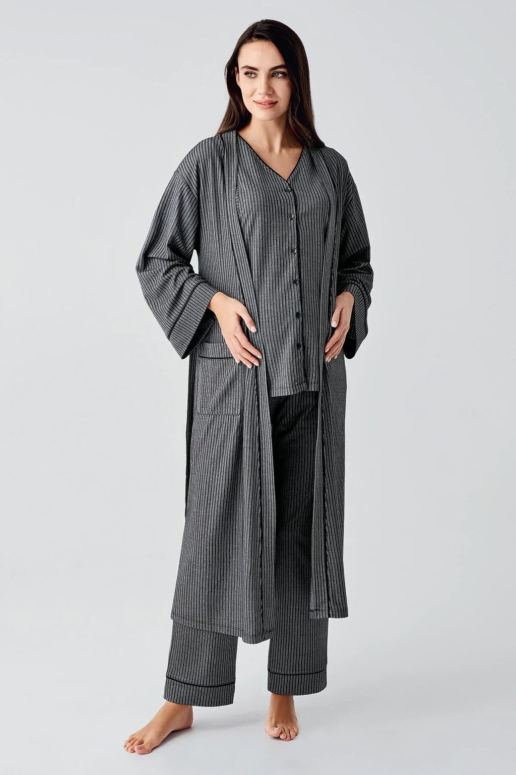 Double Breastfeeding 3-Piece Maternity Feeding-Friendly Pajama & Robe Set Black - S14306