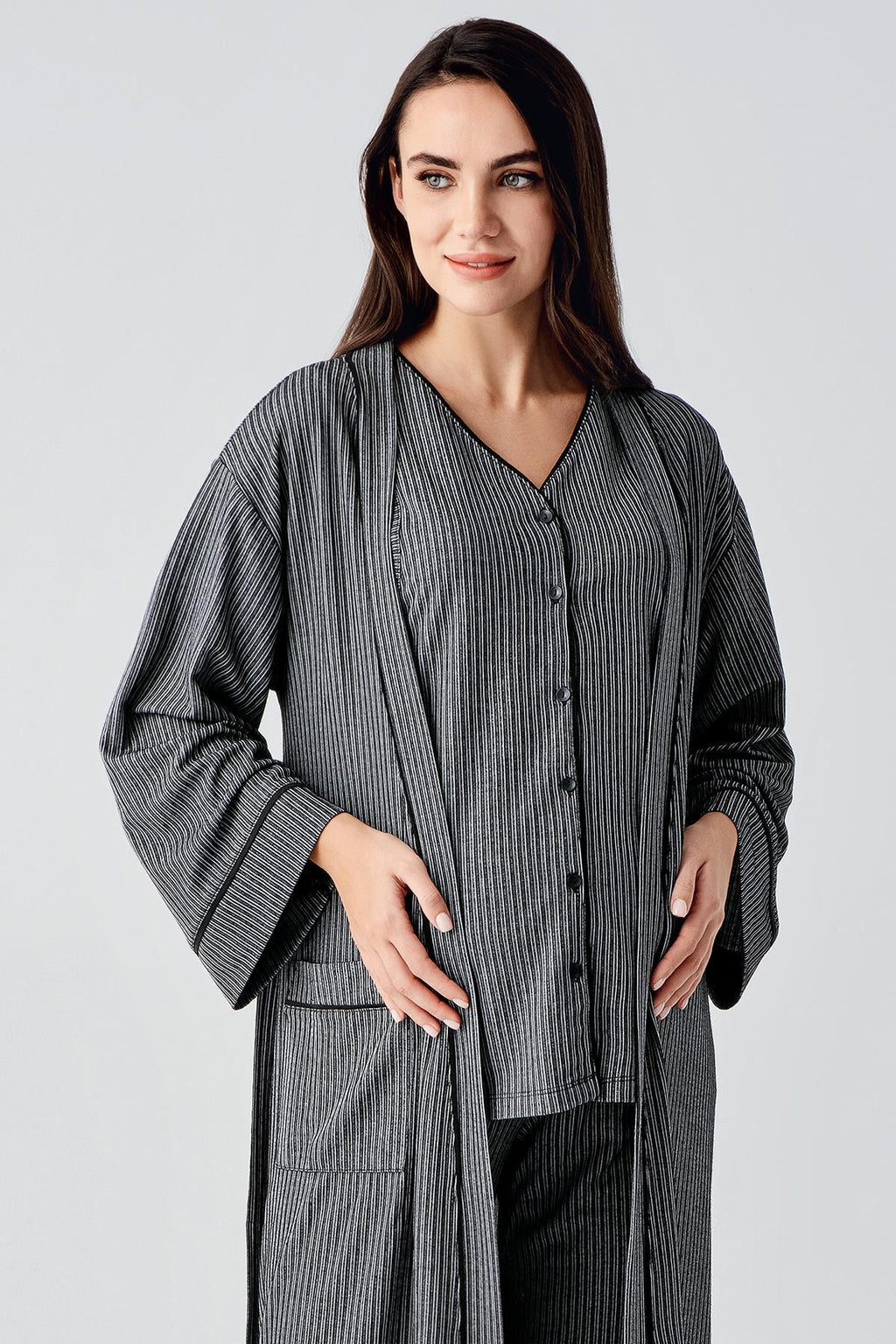 Double Breastfeeding 3-Piece Maternity Feeding-Friendly Pajama & Robe Set Black - S14306