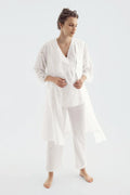 Embroidered Wrap 3-Piece Maternity Feeding-Friendly Pajama & Woven Robe Set Ecru - S14313