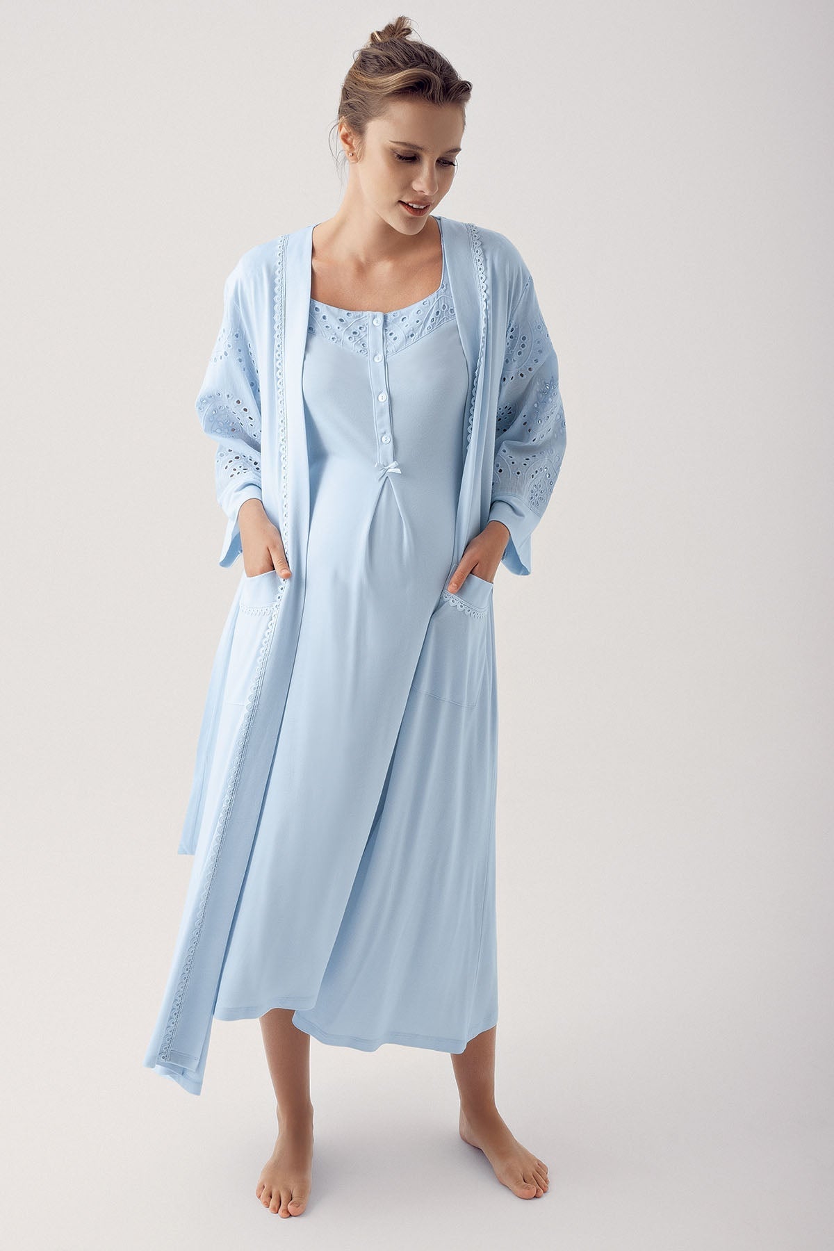 Motif Embroidered Maternity Feeding-Friendly Nightgown & Robe Set Blue - S14400