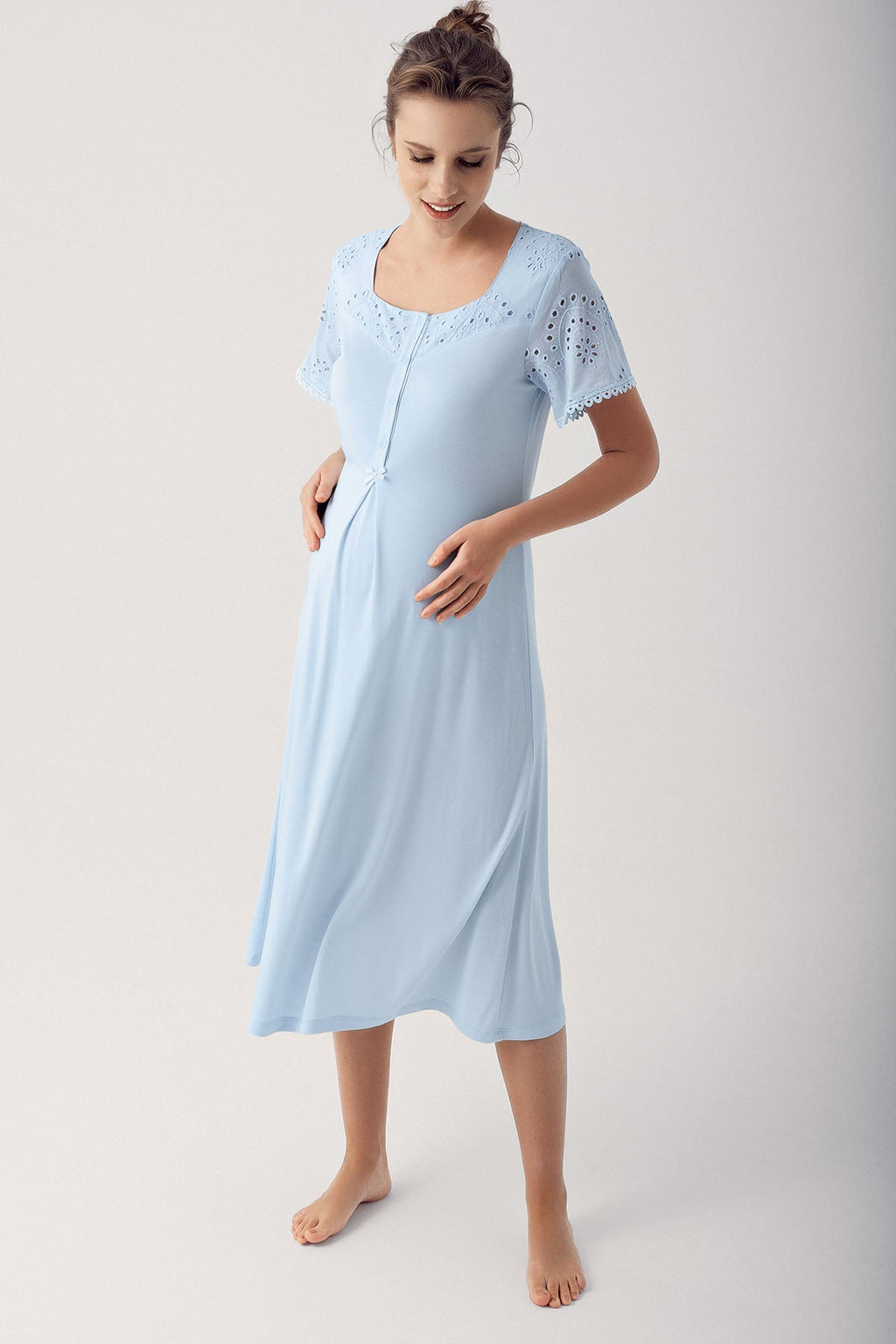 Motif Embroidered Maternity Feeding-Friendly Nightgown & Robe Set Blue - S14400