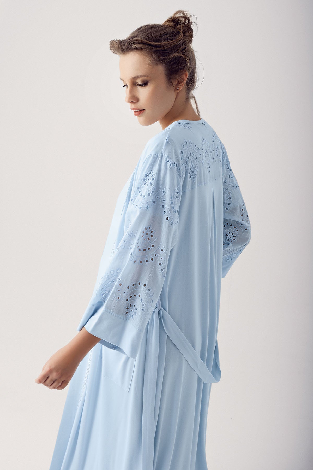 Motif Embroidered Maternity Feeding-Friendly Nightgown & Robe Set Blue - S14400