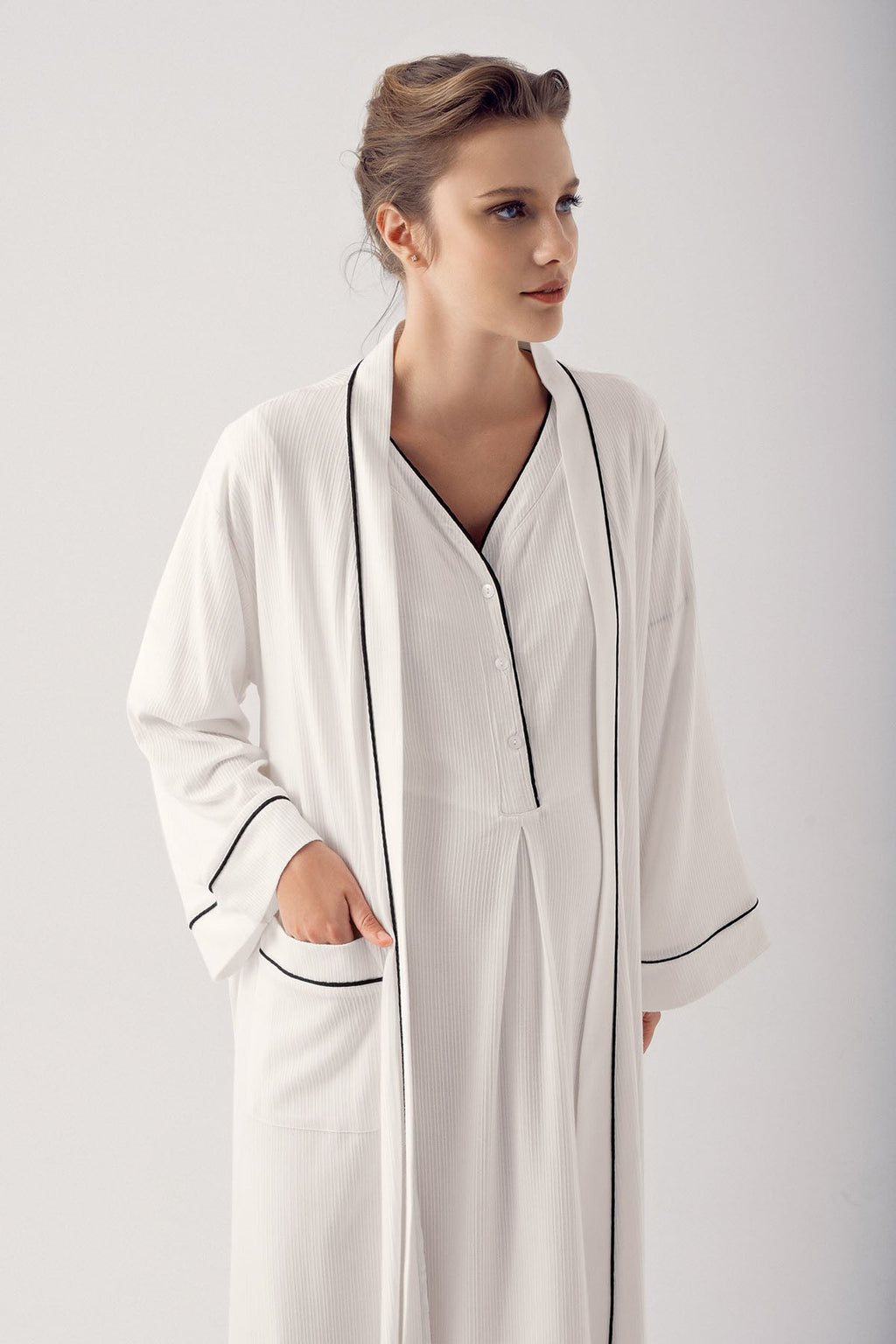 Double Breastfeeding Maternity Feeding-Friendly Nightgown & Robe Set Ecru - S14406