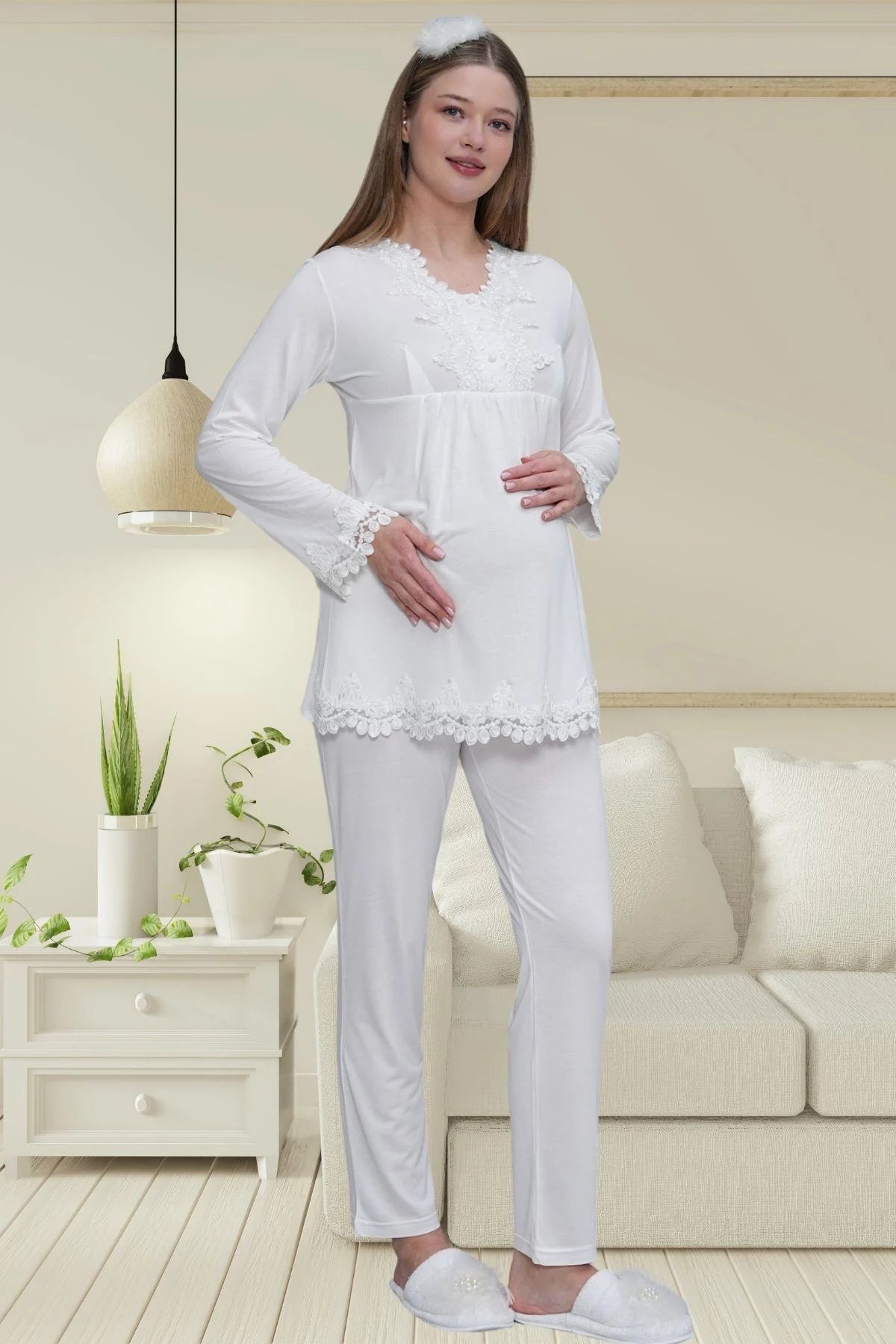 Lace Detailed Maternity Feeding-Friendly Pajama Set Ecru - C1501