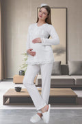 Lace Detailed Maternity Feeding-Friendly Pajama Set Ecru - C1501