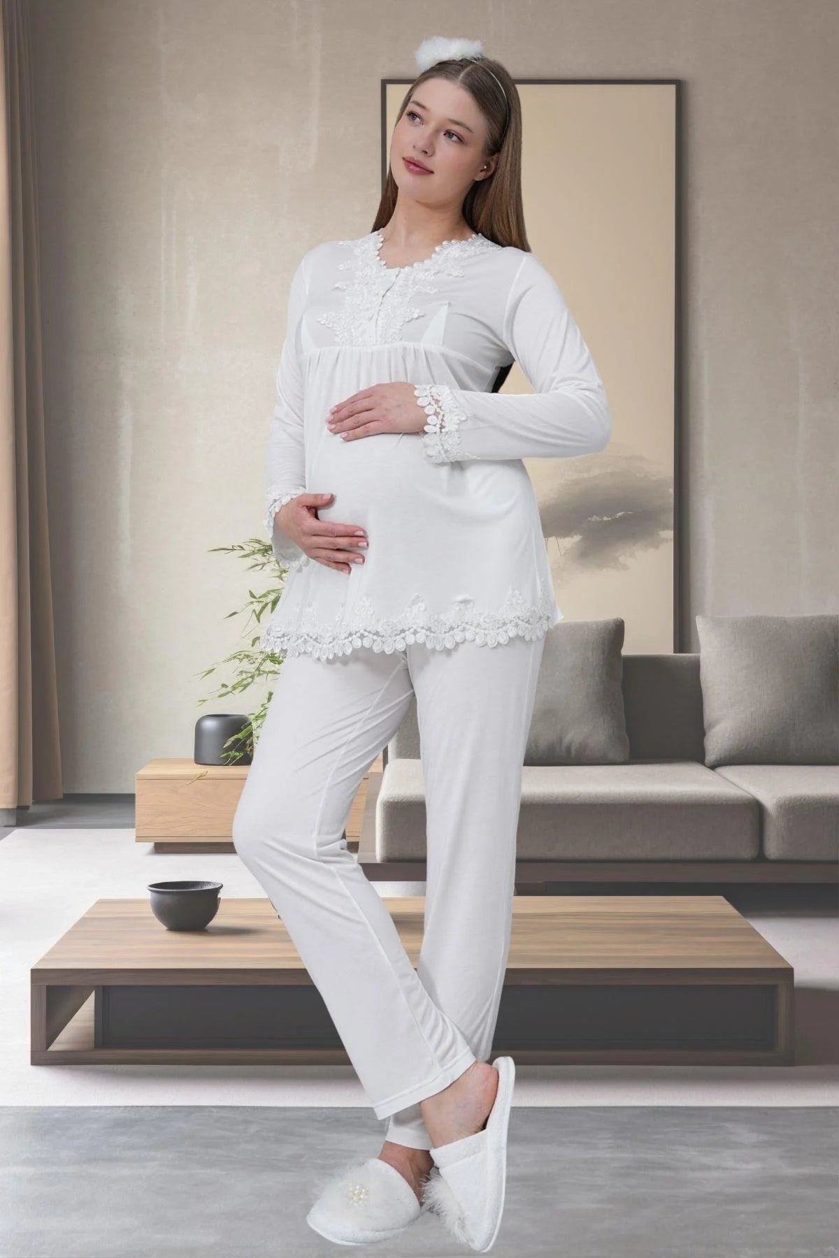 Lace Detailed Maternity Feeding-Friendly Pajama Set Ecru - C1501