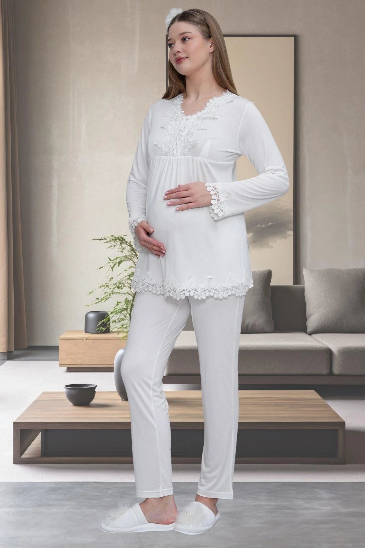 Lace Detailed Maternity Feeding-Friendly Pajama Set Ecru - C1501