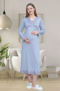 Lace Detailed Maternity Feeding-Friendly Nightgown Blue - C1512