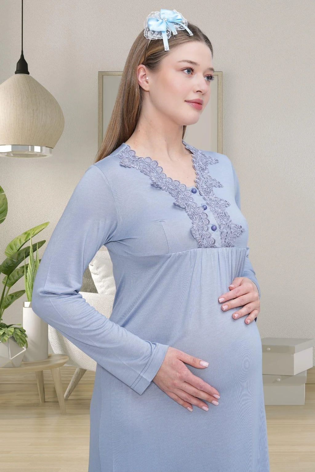 Lace Detailed Maternity Feeding-Friendly Nightgown Blue - C1512