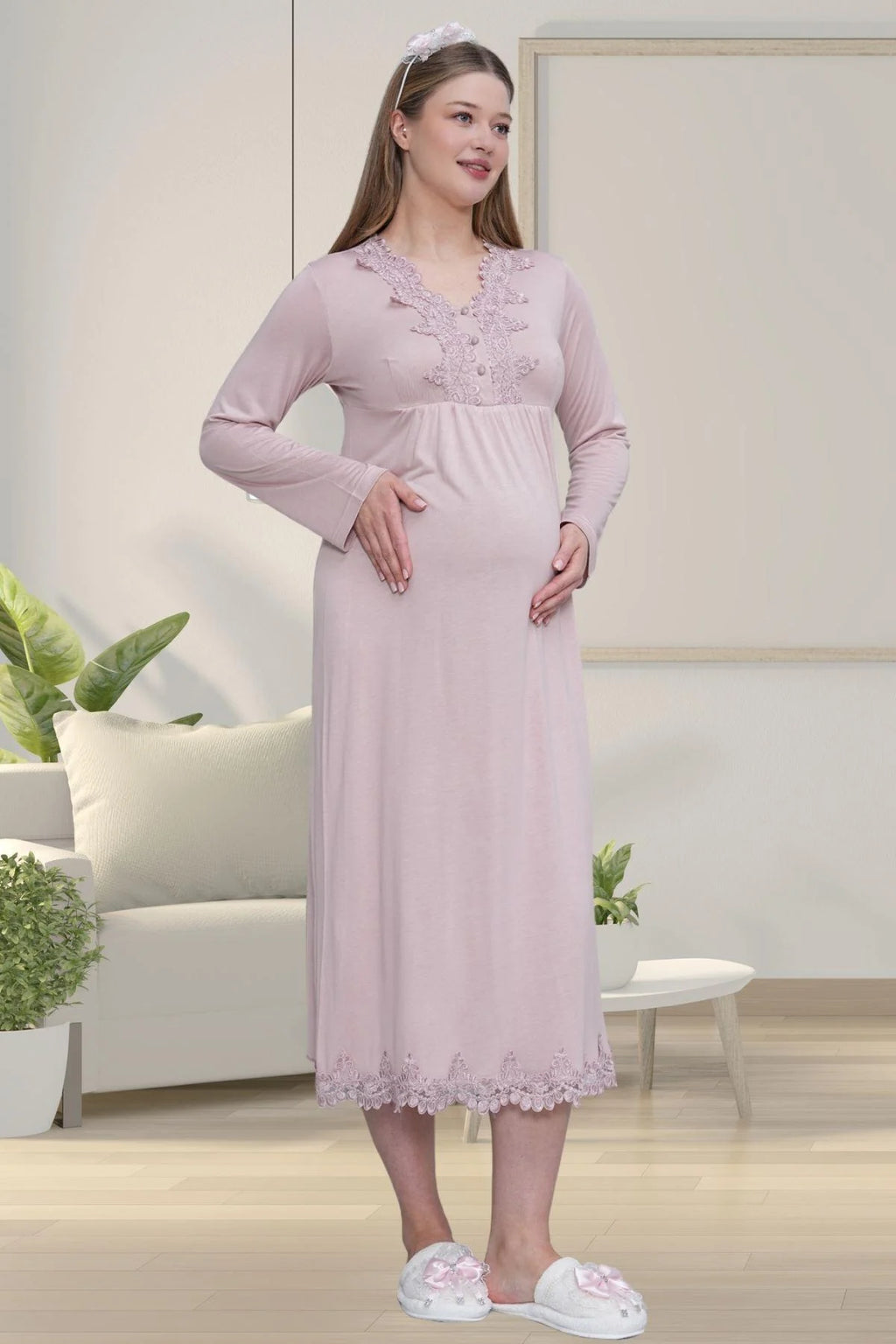 Lace Detailed Maternity Feeding-Friendly Nightgown Dried Rose - C1512