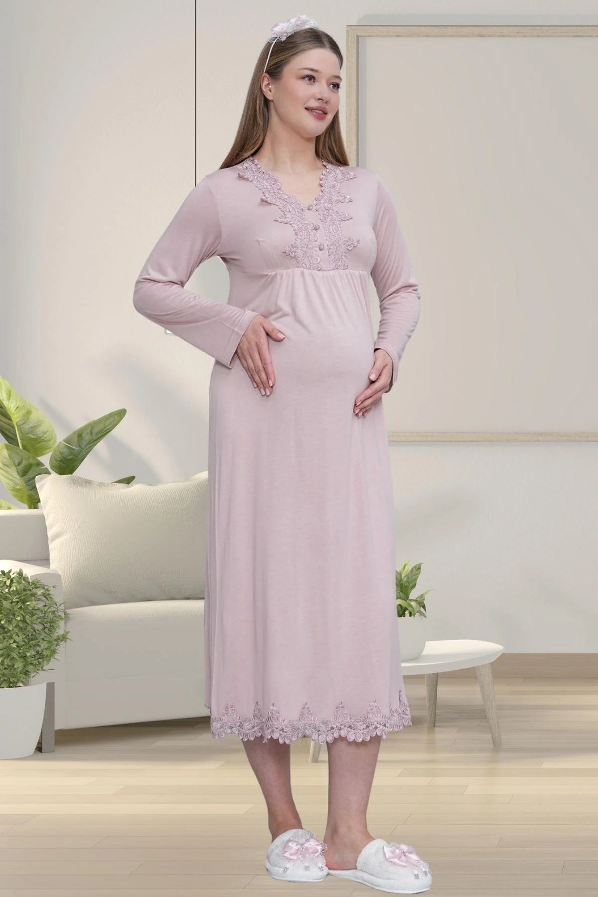 Lace Detailed Maternity Feeding-Friendly Nightgown Dried Rose - C1512