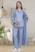 Lace Detailed 3-Piece Maternity Feeding-Friendly Pajama & Robe Set Blue - C1517