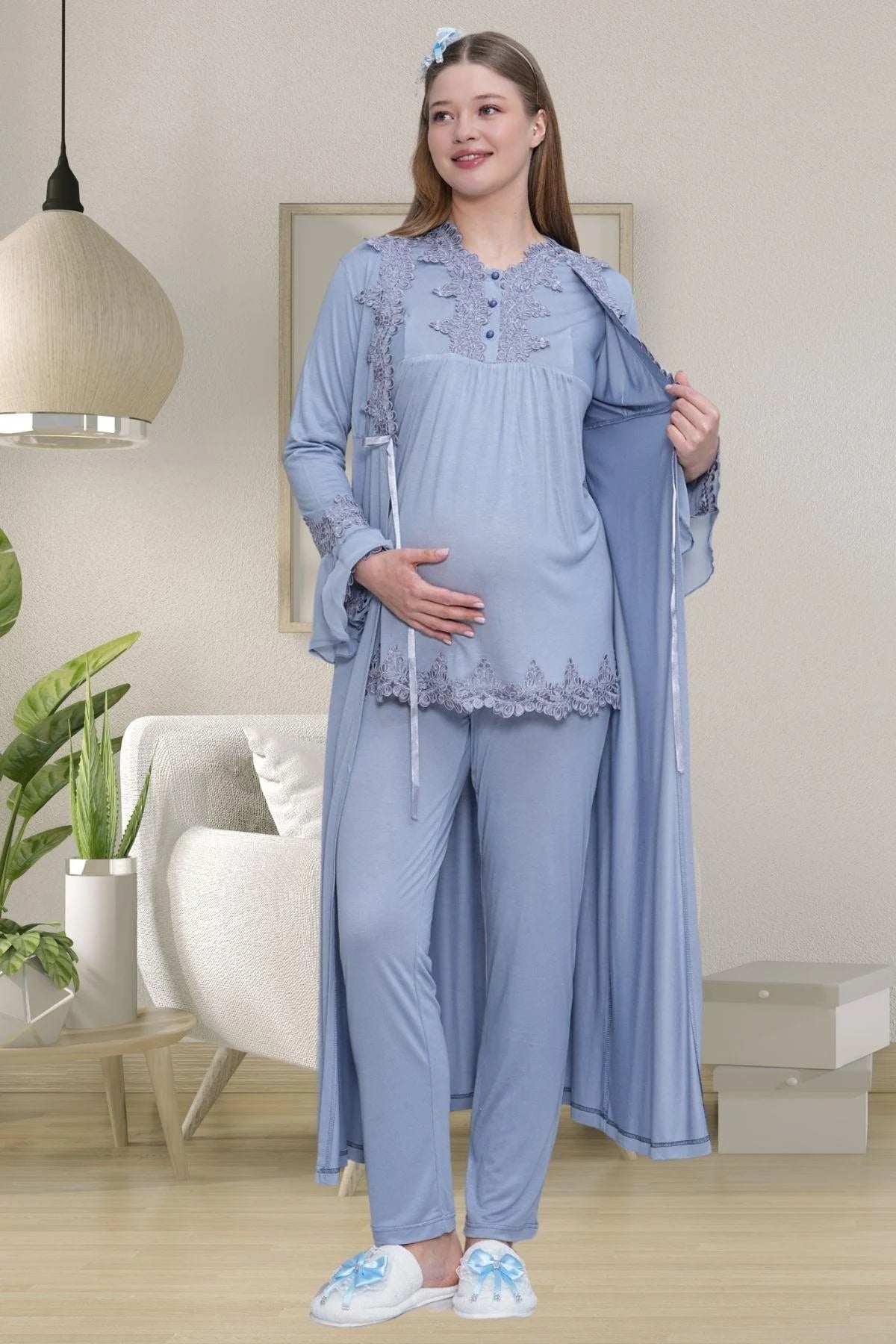 Lace Detailed 3-Piece Maternity Feeding-Friendly Pajama & Robe Set Blue - C1517