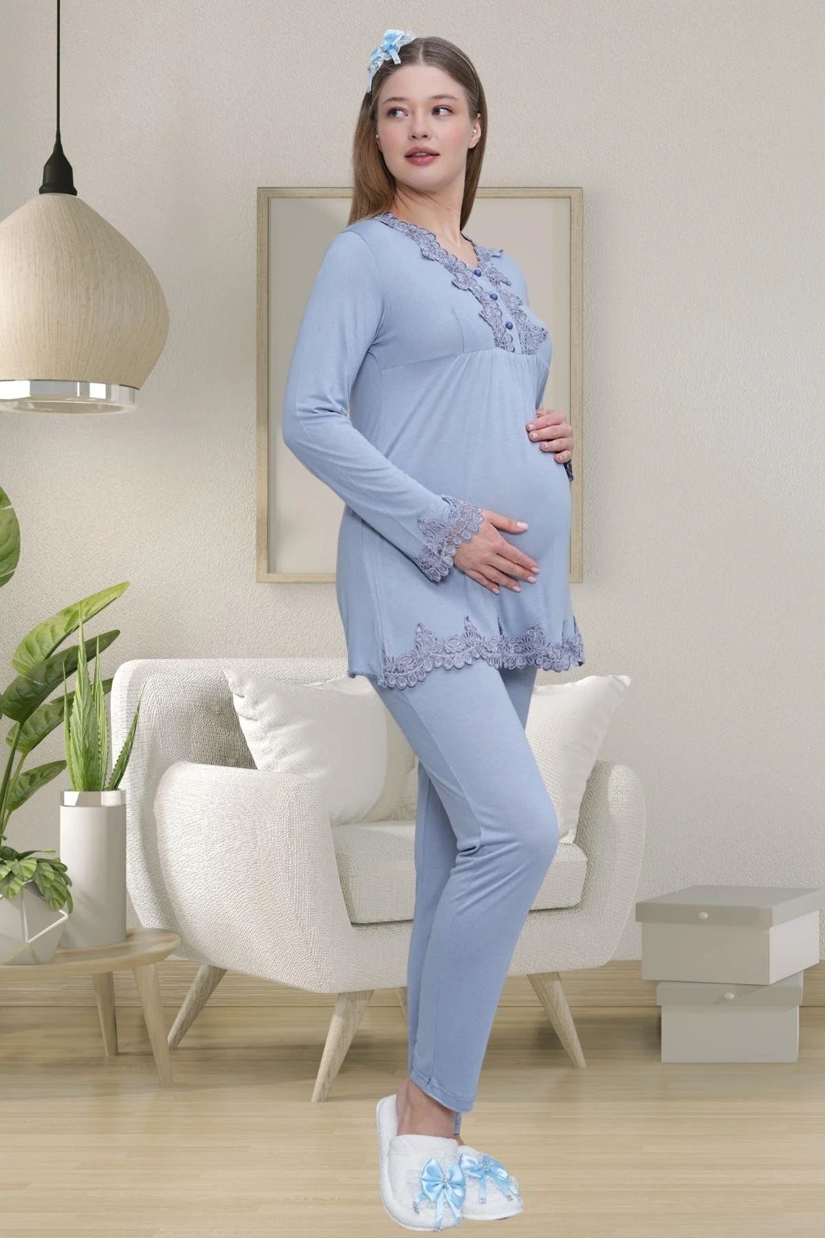 Lace Detailed 3-Piece Maternity Feeding-Friendly Pajama & Robe Set Blue - C1517