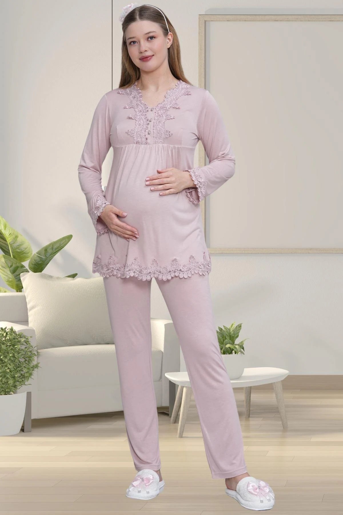 Lace Detailed 4-Piece Maternity Feeding-Friendly Set Dried Rose - C1519