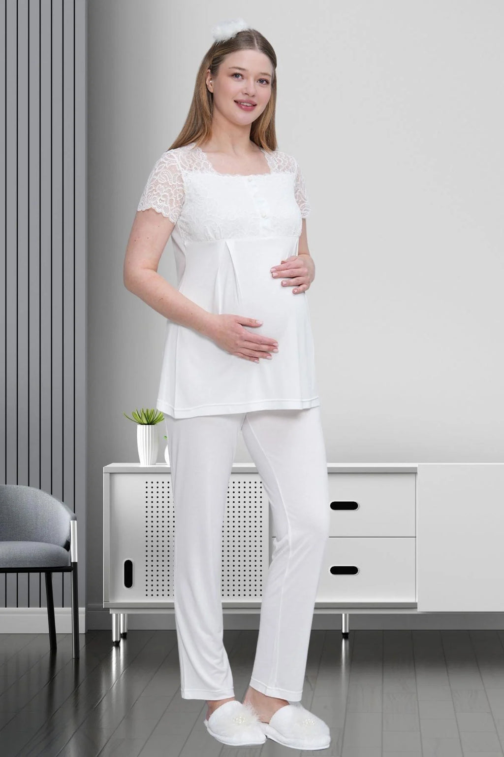 Lace Detailed 3-Piece Maternity Feeding-Friendly Pajama & Robe Set Ecru - C1517