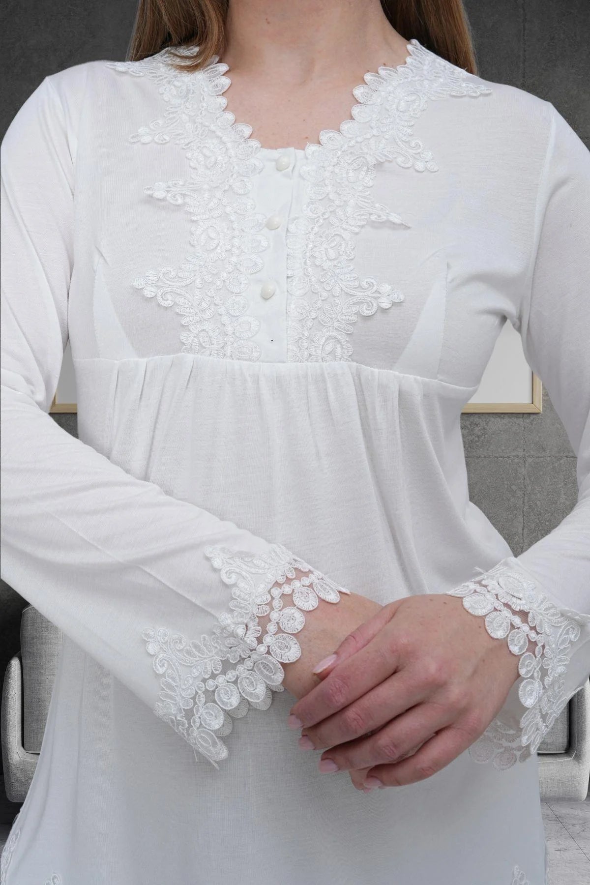 Lace Detailed 3-Piece Maternity Feeding-Friendly Pajama & Robe Set Ecru - C1517