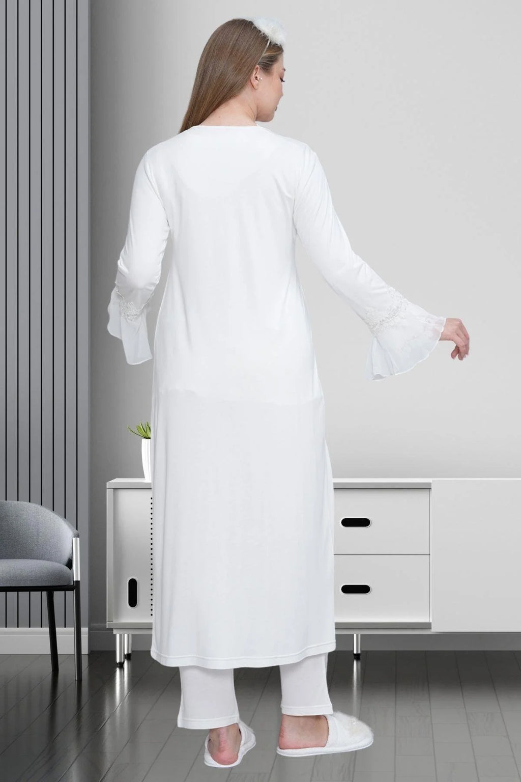 Lace Detailed 3-Piece Maternity Feeding-Friendly Pajama & Robe Set Ecru - C1517