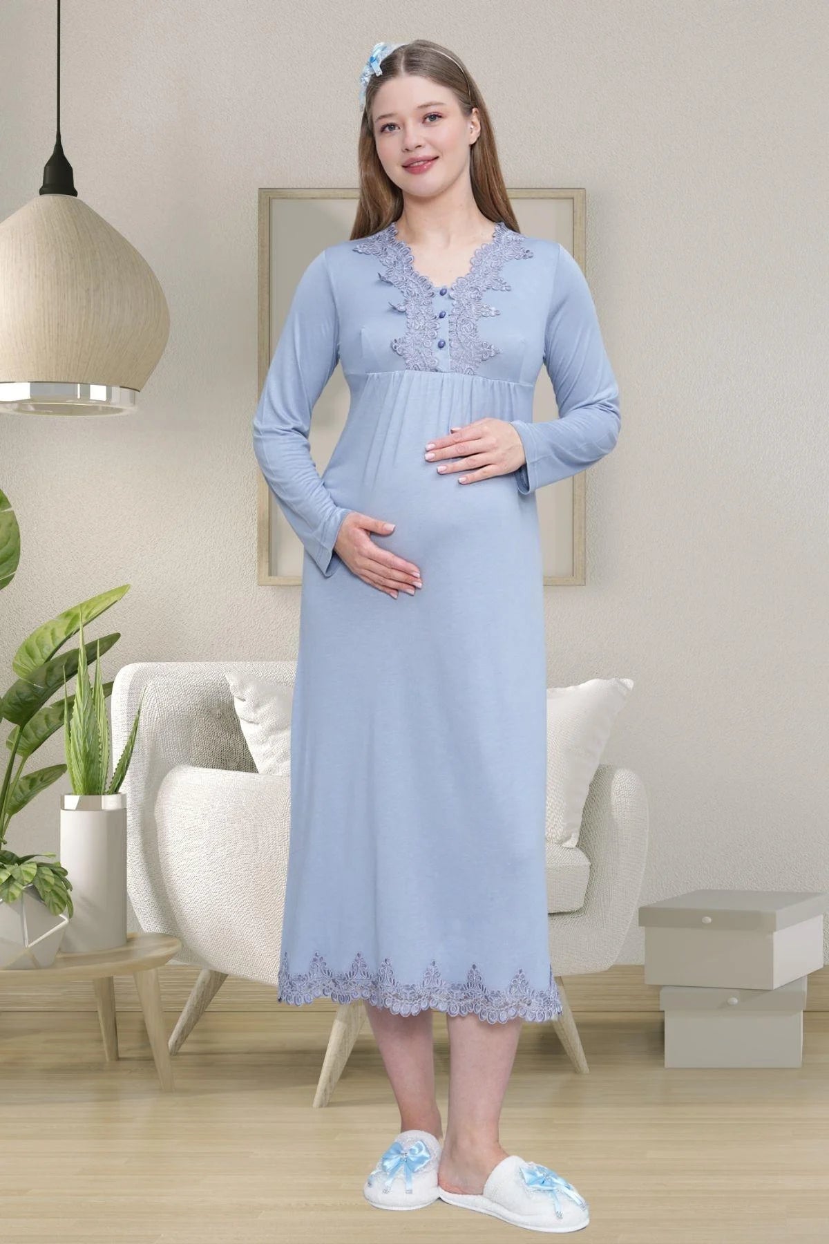 Lace Detailed 4-Piece Maternity Feeding-Friendly Set Blue - C1519