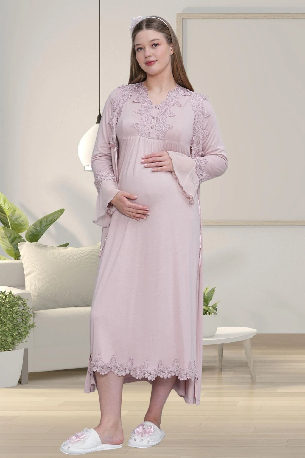 Lace Detailed 4-Piece Maternity Feeding-Friendly Set Dried Rose - C1519