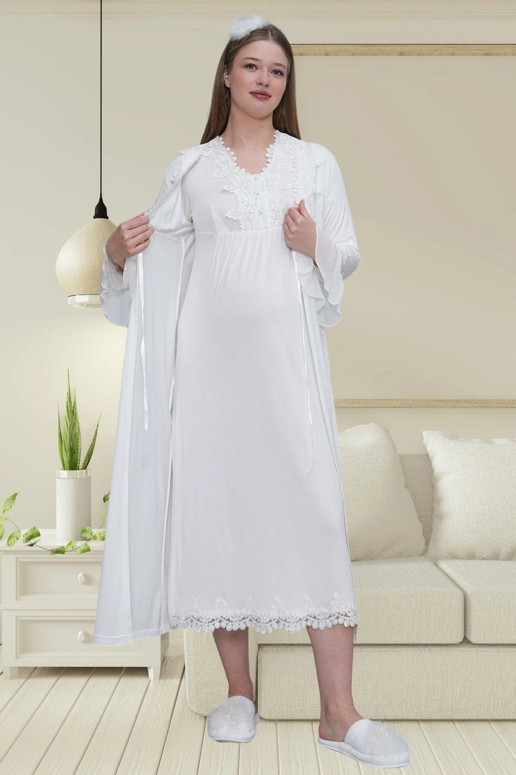 Lace Detailed Maternity Feeding-Friendly Nightgown & Robe Set Ecru - C1518