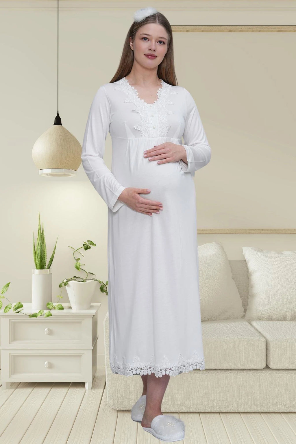Lace Detailed Maternity Feeding-Friendly Nightgown & Robe Set Ecru - C1518