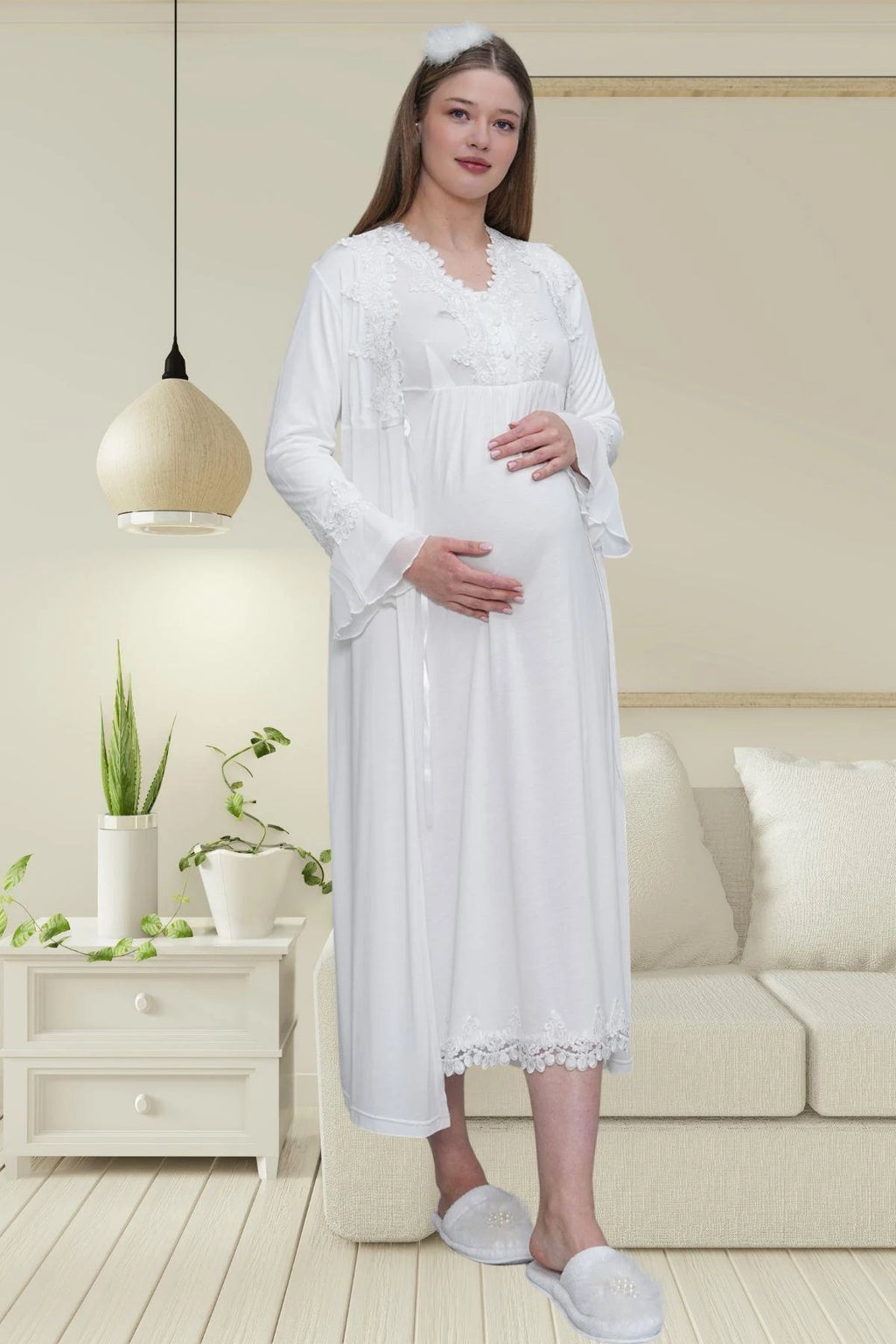 Lace Detailed Maternity Feeding-Friendly Nightgown & Robe Set Ecru - C1518