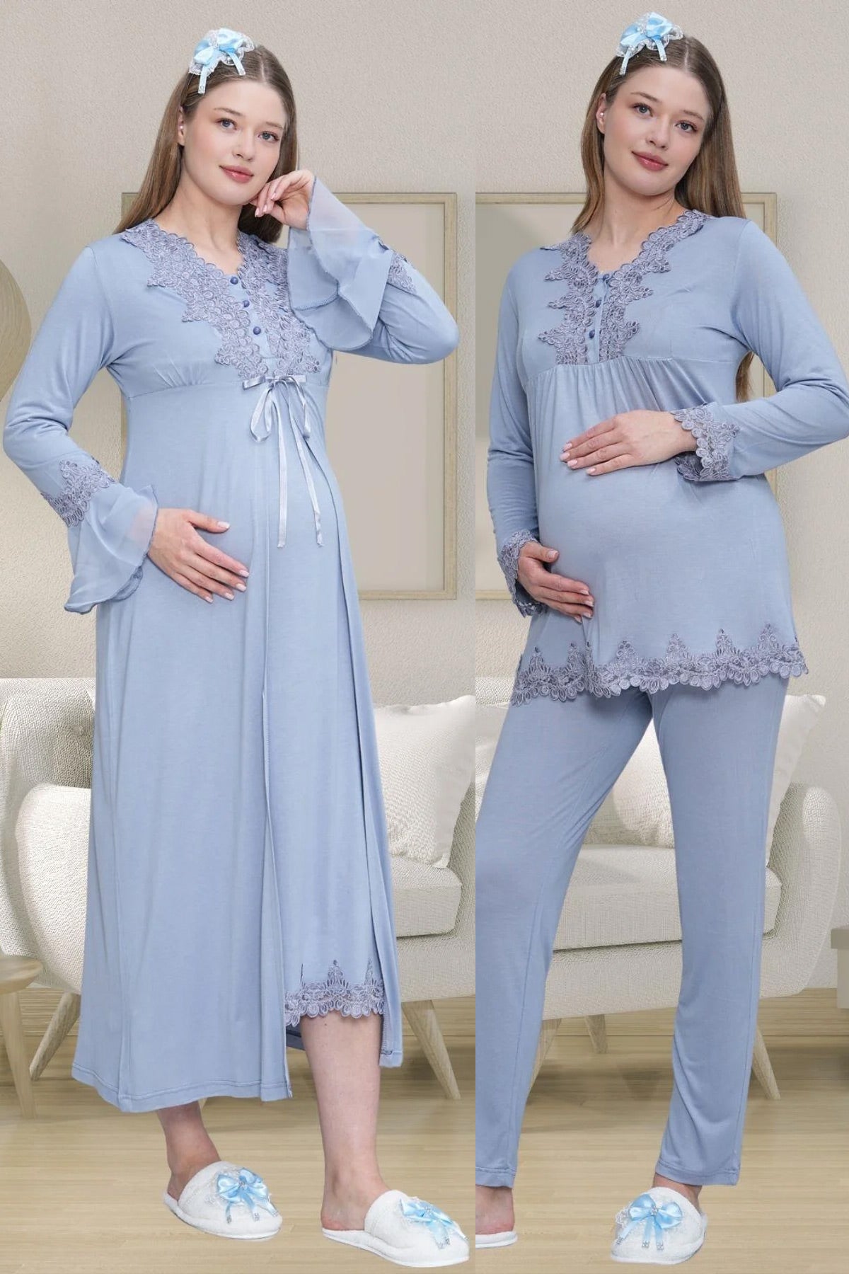 Lace Detailed 4-Piece Maternity Feeding-Friendly Set Blue - C1519