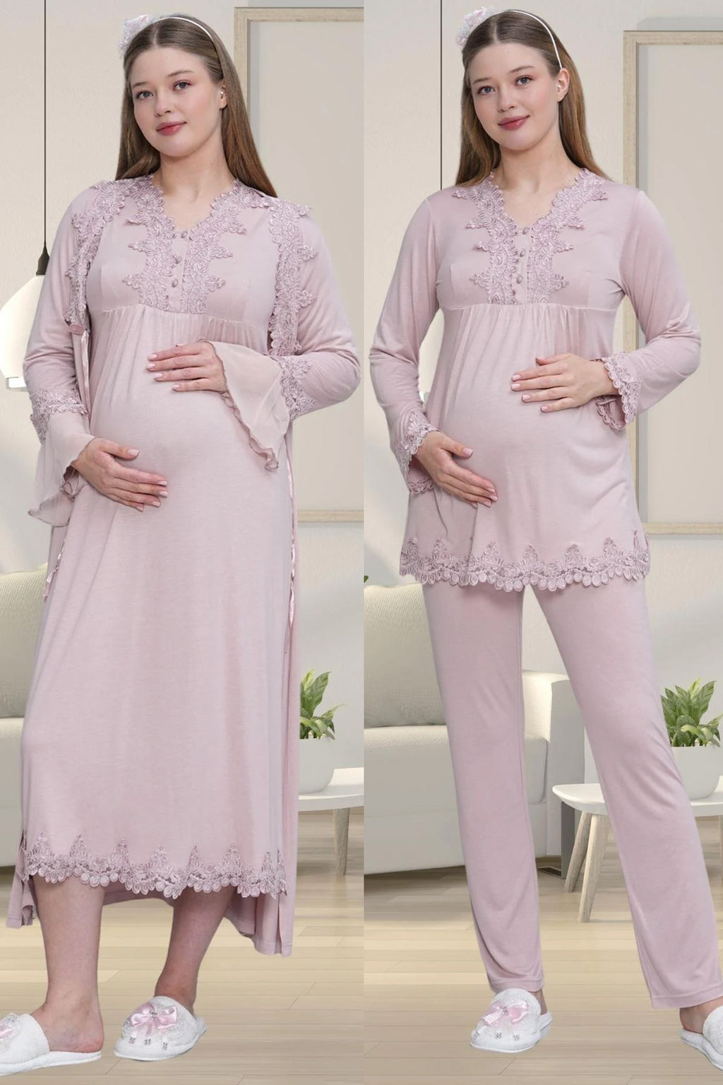 Lace Detailed 4-Piece Maternity Feeding-Friendly Set Dried Rose - C1519