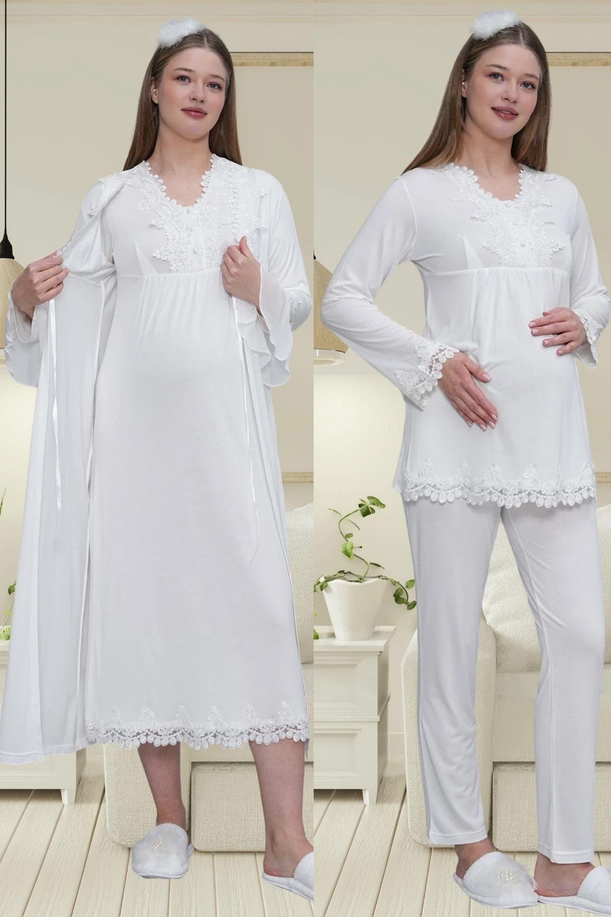 Lace Detailed 4-Piece Maternity Feeding-Friendly Set Ecru - C1519
