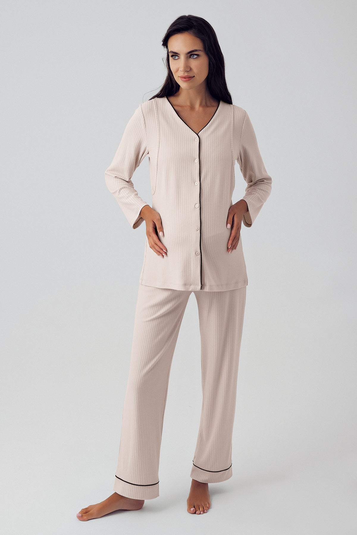 Double Breastfeeding Maternity Feeding-Friendly Pajama Set Beige - S15207
