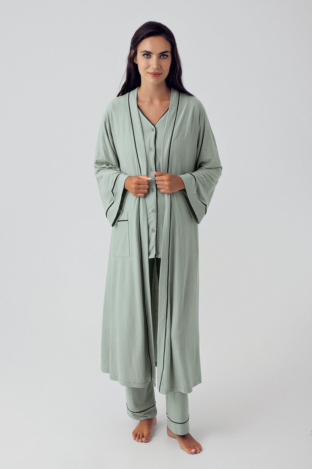Double Breastfeeding 3-Piece Maternity Feeding-Friendly Pajama & Robe Set Green - S15307