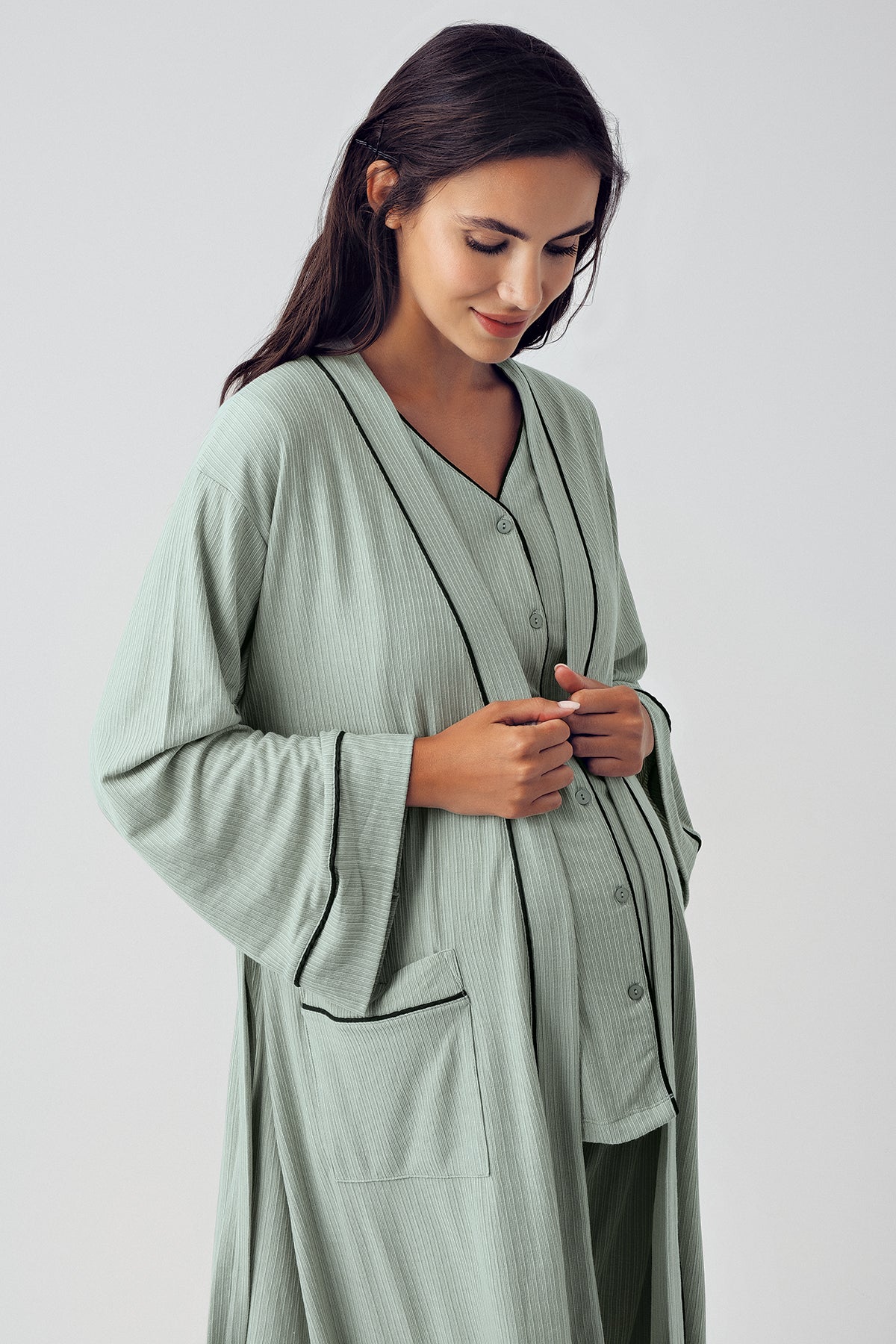 Double Breastfeeding 3-Piece Maternity Feeding-Friendly Pajama & Robe Set Green - S15307