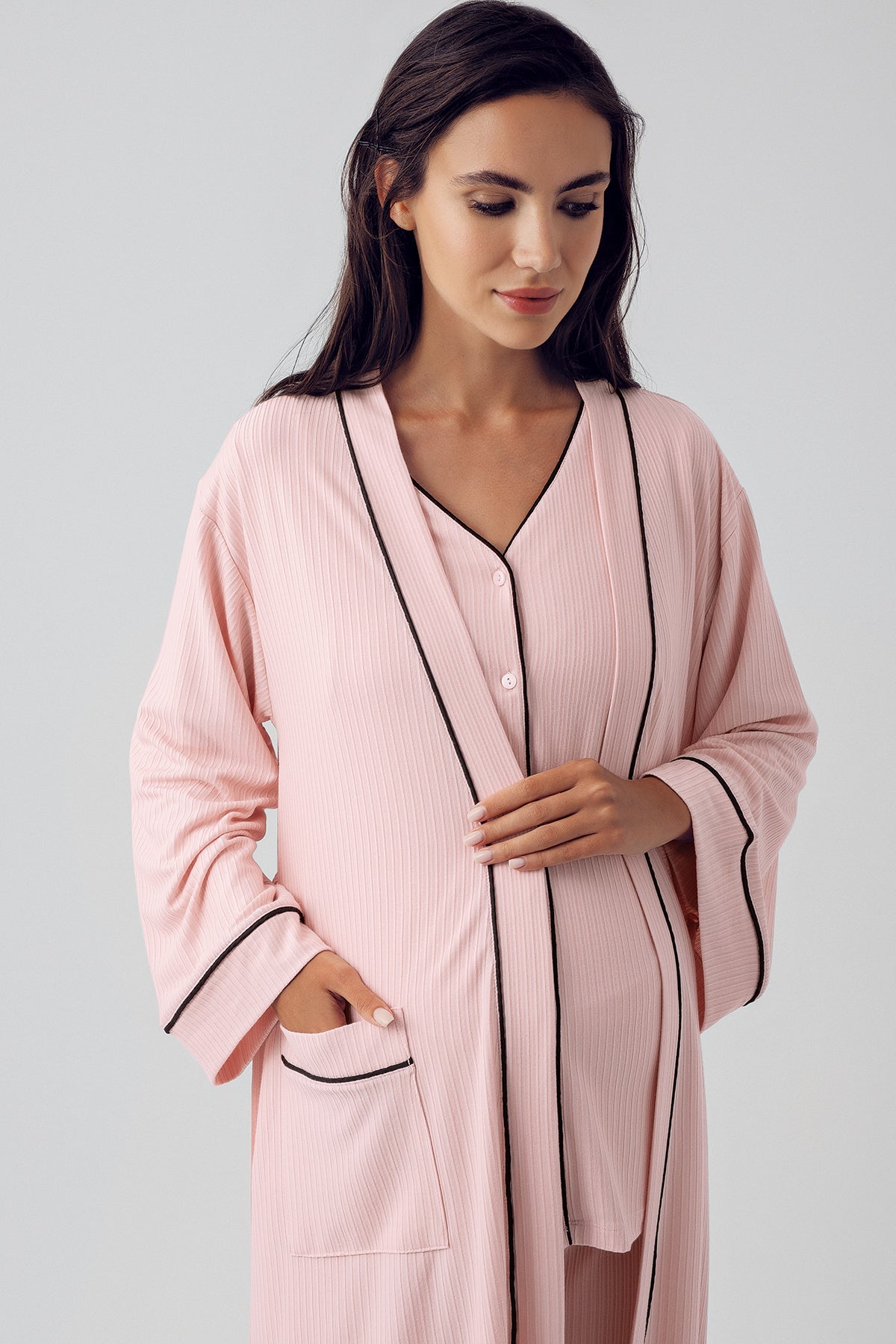 Double Breastfeeding 3-Piece Maternity Feeding-Friendly Pajama & Robe Set Powder - S15307