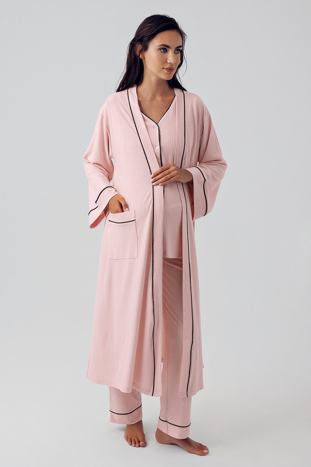 Double Breastfeeding 3-Piece Maternity Feeding-Friendly Pajama & Robe Set Powder - S15307