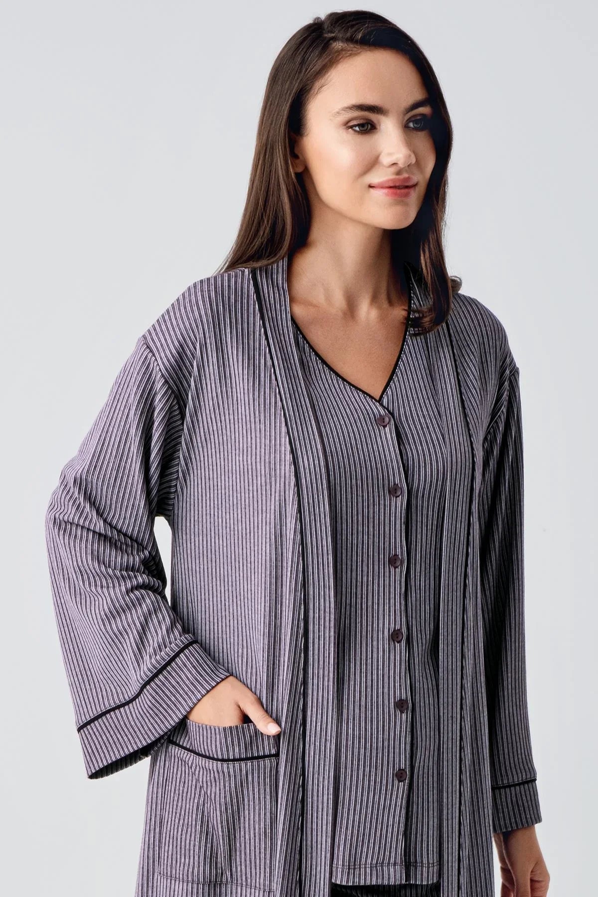 Double Breastfeeding 3-Piece Maternity Feeding-Friendly Pajama & Robe Set Purple - S15307